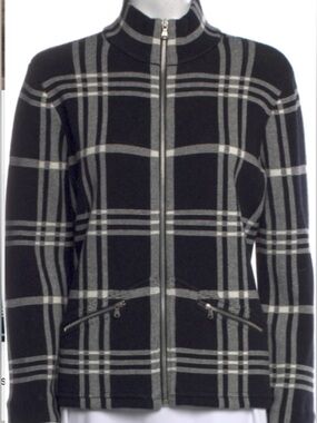 EUC Ralph Lauren black/white “Lake Tahoe” plaid cotton zipper cardigan /blazer